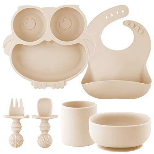 Kinderteller Sets Silikon 6 Stücke, Geschirr Rutschfest mit Saugnapf BabyTeller, Schüssel, Einstellbar Lätzchen, Tasse, Löffel Gabel, BPA Freie Spülmaschine und Mikrowelle Safe (Natural)