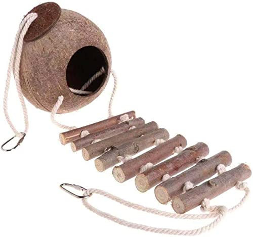 GOOBIX Hängendes Vogelhaus mit Leiter, Kokosnuss-Vogelnest-Hütte mit Leiter Hängendes Vogelversteck-Haus-Spielzeug für Käfig, natürliches Kokosnuss-Versteck für Sittiche, syrische Hamster,a