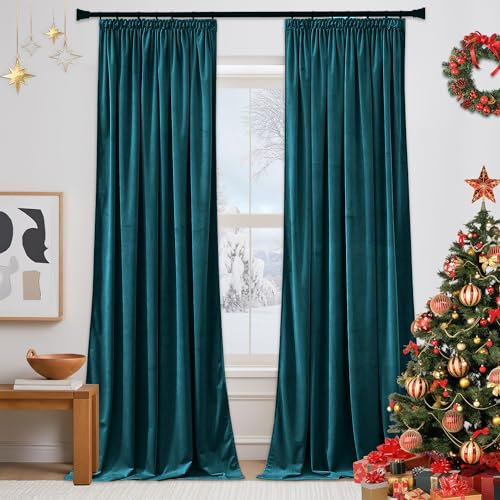 PONY DANCE Thermal Blackout Velvet Curtains - Pencil Pleat Velvet Drapes for Bedroom 1 Pair of Luxury Blue Blackout Curtains Elegant Home Decor, Rod Pocket Window Treatments 52x90 Inch, Peacock Blue