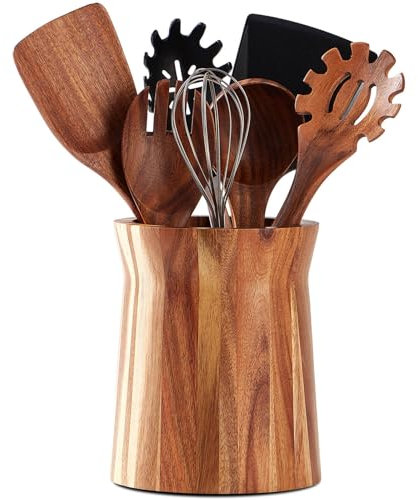 LOHONER Porte-ustensiles en bois pour comptoir, support à ustensiles de cuisine rotatif à 360°, grand pot en bois d'acacia de 18,3 x 15,2 cm, décoration de cuisine de ferme