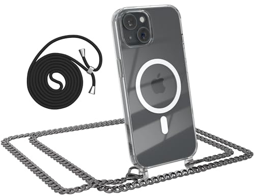 EAZY CASE - Handykette kompatibel mit iPhone 15 Kette zum Umhängen Stoßfest Handyhülle für iPhone 15 Silikon Hülle mit Band aus Metall Transparent als Fallschutz in Metall - Anthrazit