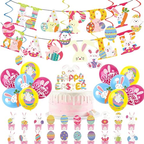 Osterhasen-Ei-Dekorationen für Zuhause, Ostern, Party, Luftballons, Hasen-Dekoration, Banner, Wimpelkette, Kuchenaufsätze, niedliche Hasen-Hängewirbel für Osterdekorationen, Oster-Mottoparty-Zubehör,