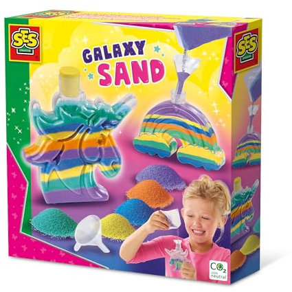 SES Creative | Galaxy Sand – Buntes Sand-Kit Einhorn & Regenbogen | Kreatives Bastelset Kinder ab 5 Jahren | 2 Flaschen + Trichter | Dekoratives Lernspiel | CO₂-neutral | 14771
