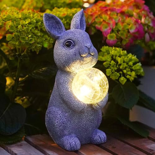 Yeomoo Kaninchen Figuren mit Solar Ball Deko Wohnzimmer Gartendeko: Hase Gartenfiguren Geschenke für Frauen Mama Geburtstag Wetterfest Deko für Draußen Zimmer Garten Balkon Terrassen Dekoration Grau