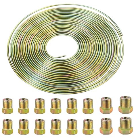 MOCNT 6,35mm Auto Bremsleitung 1/4 Zoll Bremsleitung mit Kupferbeschichtung Verzinkt Bremsleitungsschlauch Bremsrohr Auto Ersatz Bremsleitungssatz Länge 7,6m mit 16 Muttern