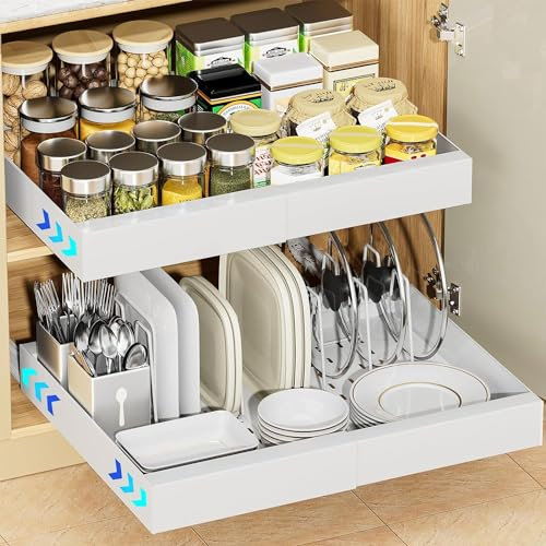 Cassetto Telescopico per Armadio da Cucina - Cassetti Organizer Estraibile - Adesivo Espandibile Cassetto Scorrevole Ripiani con Divisori per Casa Dispensa Bagno, 31-53 CM x 41.5 CM x 6 CM, Bianco