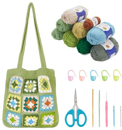 ORIGACH Häkel Tasche Set Für Anfänger, DIY Granny Square Tasche Starter Häkelset Für Erwachsene Mit Schritt Für Schritt Videoanleitung, Bohnen-Grün
