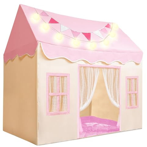 SYNCFUN Tenda per bambini da interno con tappetino e luci Tenda da gioco per bambini Casetta da gioco per bambini da interno 51 * 35 * 52 pollici per bambini piccoli 3-13 anni (rosa)
