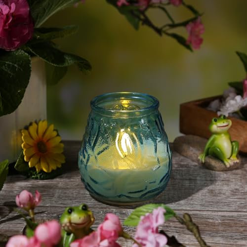 LED Windlicht Echtwachs Kerze im Glas flackernd Timer mit Batterie H: 9,5cm (Blau)