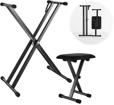 CAPHONT Keyboard Stands and Bench Set, Heavy Duty Double-X Keyboard Stand, Adjustable Digital Piano Stand with Lockable Straps (Piano Keyboard Stand x 1, Piano Bench x 1)