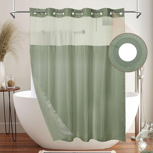Cortina de Ducha Tipo Gofre con Forro a Presión, Cortina de Baño Estilo Hotel, Ventana Superior de Malla, Resistente Al Agua, Lavable (Green)