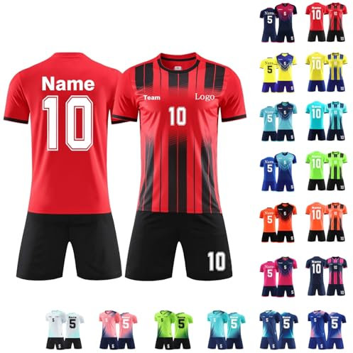 Generisch Kinder Trikot, Personalisiertes Fussball Kinders Erwachsene Fusstball Shirt & Shorts Set Mit Name Nummer Team Logo Personalisierte Fußballtrikot Benutzerdefiniert Set (One Size, A)