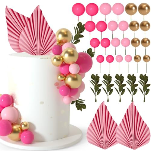 NEBURORA 64 Pcs Balls Cake Toppers and Leaves Decoration Set Mini Balloons for Cake Decorating Supplies Balls Cake decorations for Baby Shower Cake Toppers Birthday Cake Decorations (Pink Gold)