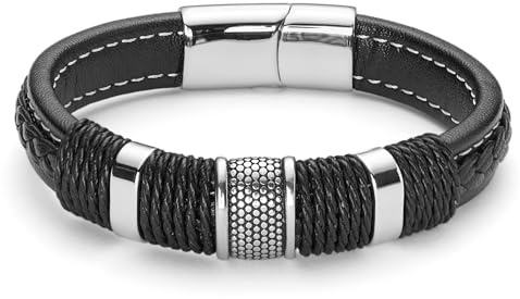 Lucleon by Trendhim Armband Herren | Schwarzes Icon Lederarmband mit silberfarbenem Edelstahlverschluss | Geflochtenes Echtleder | Dänisches Design | Geschenkidee für Männer & Vatertag