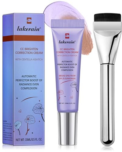 CC Cream Dull Correct+Pennello per Fondotinta,Crema CC Illuminante e Riparatrice con Centella Asiatica,SPF 25,Trattamento Perfettore Automatico del Teint,Illumina il Tono Della Pelle