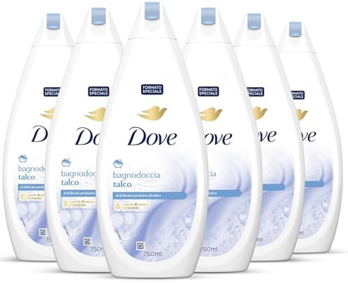 Dove Docciaschiuma Talco, Formula con Idratante Dermo-Naturale, con 1/4 di Crema Idratante, Dermatologicamente Testato, Bagnoschiuma Uomo e Donna, 100% Bottiglia Riciclata* 6 Pezzi x 750 ml