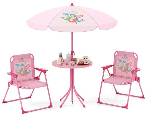 GOPLUS Ensemble Salon de Jardin Enfant 4 PCS, Table Pique-Nique Enfant avec 2 Chaises Pliante, Parasol Réglable en Hauteur, Charge 75KG, Table Exterieur pour 3-6 Ans (Sirène Rose)