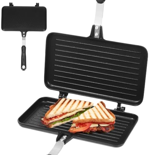 Gatuida oppelseitige Sandwich Pfanne Antihaft Camping Bratpfanne Gasherd Toastpfanne Hitze Griff Kochen Toast Grill Waffeleisen Schwarz Platte Festes Design Perfektes Werkzeug Zubehoer 35,00 cm