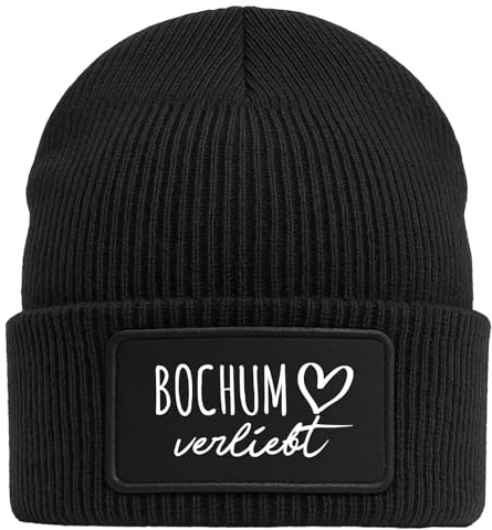 Huuraa Beanie Bochum verliebt Geschenk | Black Geschenkidee Schwarze Rippstrick Wintermütze mit austauschbarem Klett Patch