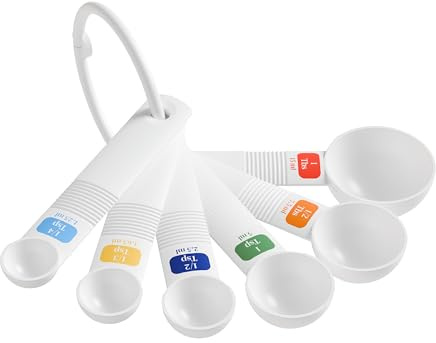 Set Cucchiai Dosatori 6 Pezzi – Anello Ø 7 cm, lunghezza 11 cm, misure 1,25/1,65/2,5/5 / 7,5/15 ml, polistirene bianco con codice colore