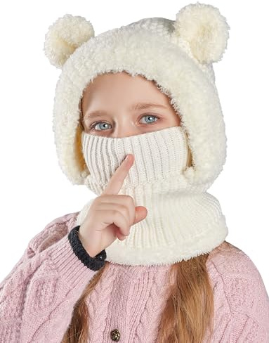 Maeau Mütze Winter Beanie für Kinder Mädchen Jungen 4-10 Jahre Baby Wintermütze Schlupfmütze Gestrickt Fleece mit 2 Bommel Kleinkind 2 in 1 Sturmhaube und Loop Schal Schalmütze Strickmütze Herbst