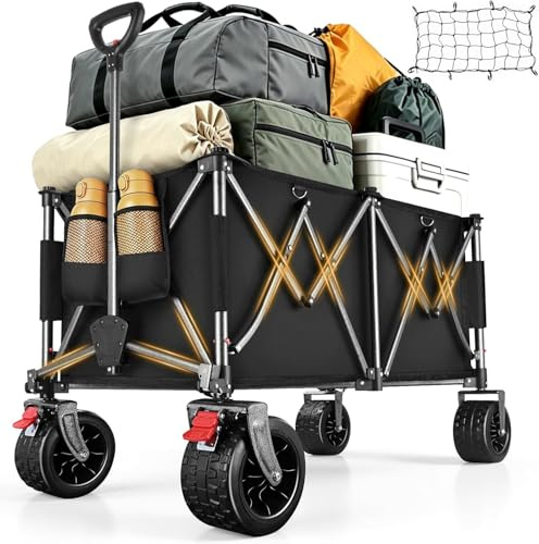 300L Festival Trolley on Wheels, Beach Camping Trolley Heavy Duty, Large Folding Wagon Loads Up to 550LBS, Portable Foldable for Outdoor Garden Shopping Fishing Cart, Ultra Wide Wheels, Carbon Black