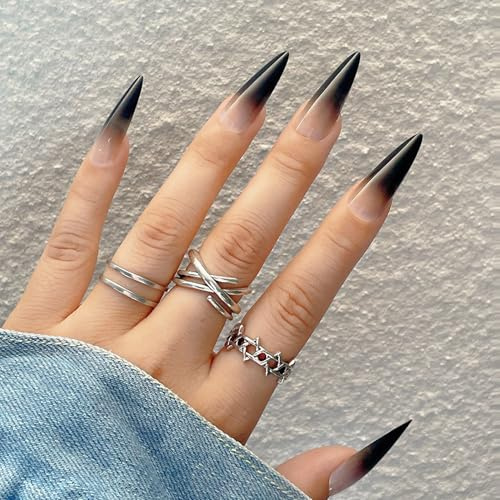 24 Stück Halloween-Künstliche Nägel, mittellang bis lang, spitze Hexennägel, Halloween-Drücknägel, Acryl French Fake Nails zum Aufkleben mit Kleber, schwarze Farbverlauf-Nägel (Gradient Black)