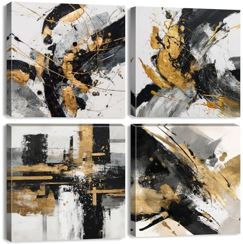Schwarz Weiß Leinwandbilder Bilder mit Rahmen Goldene Deko Abstrakt bild auf leinwand Wandkunst Minimalistisch Abstrakt Schwarz Weiß - Luxus Wandbilder Deko für Wohnzimmer Schlafzimmer 30x30cm 4P