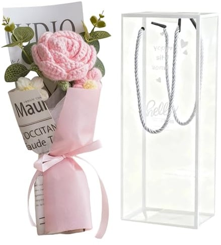 InteDesign Bouquet di fiori all'uncinetto, bouquet di rose rosa lavorato a mano, per donne, compleanno, decorazione per la casa, festa della mamma, San Valentino, anniversario, laurea, regalo di nozze