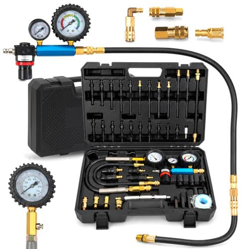 46 Pièces Kit de Testeur de Compression Automobile avec Manomètre à Double Cadran Diesel & Essence Compressiometre Test d'étanchéité cylindres Test Perte Pression pour HDi, TDCi, Pompe Injection (PD)