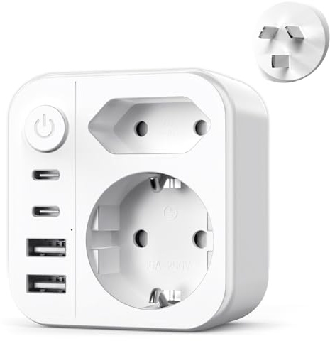 6 en 1 Adaptador de Enchufe Australia, 2500W Adaptador Enchufe Español a Australia con 2 USB A y 2 USB C,Adaptador de Viaje Tipo I para Chino, Argentina, Nueva Zelanda, Fiji