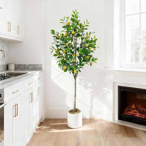 Aptliton 180cm Artificial Lemon Tree Floor Plant with 24 Realistic Faux Lemons,Tall Large Lush Veined Green Silk Leaves, UV Resistant Faux Citrus Tree in White Pot, Indoor Outdoor Home Office Decor
