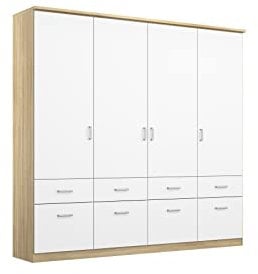 Rauch Möbel Bremen Schrank Drehtürenschrank Kleiderschrank in Weiß/Eiche Sonoma, Holz, mit 8 Schubladen 4-türig, inklusive Zubehörpaket Basic 1 Kleiderstange, 4 Einlegeböden BxHxT 181x199x58 cm