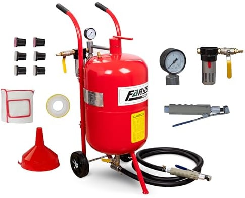Mobiler Sandstrahler 38L FR7012C – mit Pistole, Maske und 6 Düsen – Luftverbrauch 400–700 l pro min – Druckluft Sandstrahlgerät bis 8 bar