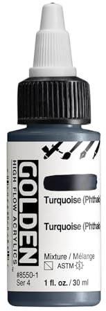 High Flow Acrylics by GOLDEN, Turquoise (Phthalo), 1 fl. oz. Bottle, Professional Acrylic Paint, Semi-Transparent