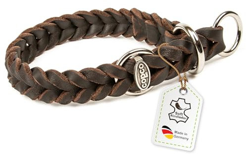 CopcoPet Hundehalsband Würger 30–35 cm x 15mm Braun – Geflochtenes Halsband mit Zugstopp & verchromtem Ring – Aus robustem Fettleder – Für kleine Hunde – Weiches Lederhalsband fürs Training