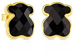 TOUS Damen Ohrringe aus 18 Karat vergoldetem Silber mit Druckknopfverschluss, 1,5 cm schwarzes Onyx-Bärenmuster, vielseitig und elegant, Icon Color Collection
