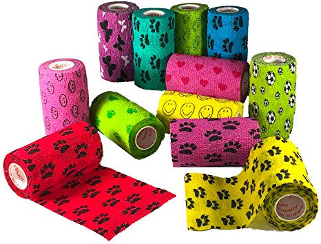 Prairie Horse Supply 4 Inch Vet Wrap Tape Bulk (Black, Red, Yellow and Black Paw Prints on Yellow, Red, Teal) (Pack of 24) Self Adhesive Adhering Flex Bandage Grip Roll for Dog Cat Pet