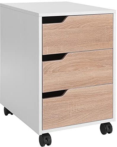 HOMCOM Rollcontainer, Aktenschrank, Bürocontainer mit 3 Schubladen, Büroschrank, Aufbewahrung, Container,4 Universalräder, MDF, Natur+Weiß, 40 x 50 x 57,5 cm