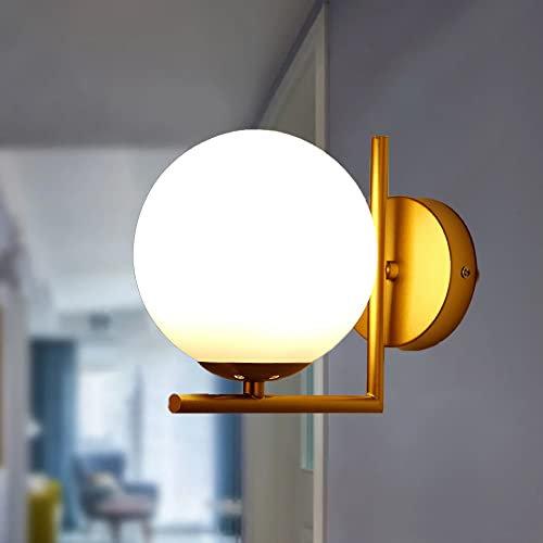 E27 modern Industrielle Wandleuchte,Retro Wandleuchten mit milchig Glaskugel (15cm),Globe Wandleuchte Geeignet Flur Wohnzimmer Nachttisch Restaurant Studie Gang Schrank Cafe Loft (Gold)