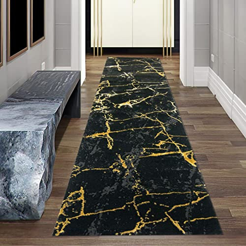 Teppich-Traum Läufer für Korridor & Diele - hochwertiger zertifizierter Öko-Tex Flächenteppich - abstraktes Marmor Muster in schwarz Gold, Größe 80 x 300 cm