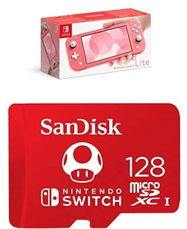 Nintendo Switch Lite - Coral with SanDisk microSDXC UHS-I card for Nintendo 128GB - Nintendo licensed Product, Red