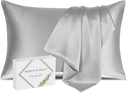 Taie d'oreiller 100% Soie Naturelle de mûrier 22 Momme Qualité supérieure Grade 6A sans Produit Chimique,Bio- Peau Sensible,Cheveux Afro,Bouclés,Gras,Antichute Cadeau (Gris, 40x60cm)