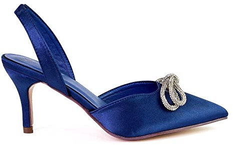 ESSEX GLAM Womens Pointed Toe Low Heel Diamante Bow Slingback Pumps Ladies Bridal Shoes