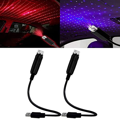2 Stück USB Sternlicht,Mini USB Projektorlicht USB Auto Sternenhimmel Projektor Lampe Nachtlicht Stern Projektor 3 Funktionsmodi,für Autoinnenraum Decke Schlafzimmer Party und Mehr (Blau und Rot)
