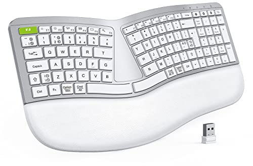 Seenda Wireless Ergonomic Split Keyboard, USB+Bluetooth, Rechargeable with Wrist Rest, for Windows/Mac/Android/iOS, UK Layout, White Silver
