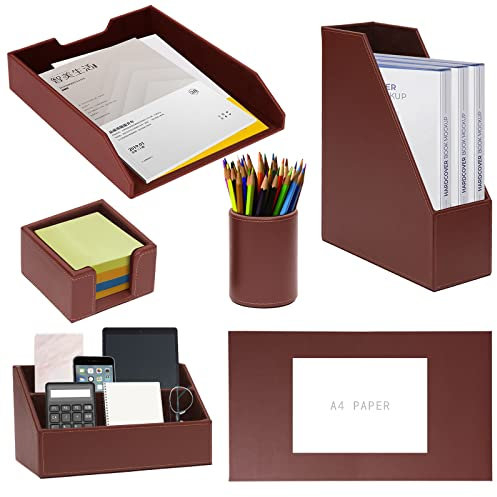 Bürobedarf/Schreibtisch-Organizer, PU-Leder, 6-teilig, inkl. Schreibblock, Papierablage, Zeitschriftenhalter, Stiftebecher, Briefsortierer, geeignet für Selbstgebrauch und Geschenk (braun)