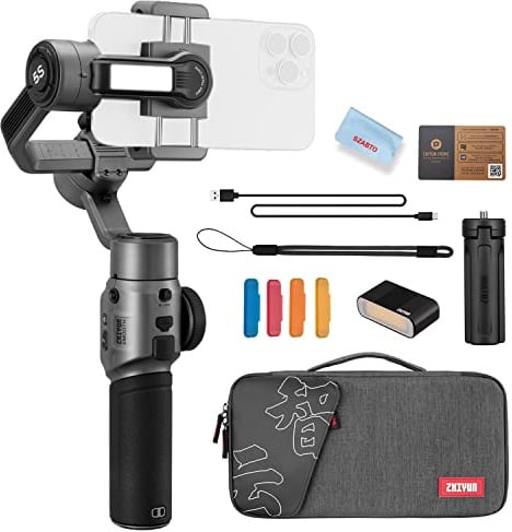 Zhiyun Smooth 5S Gimbal Stabilizzatore portatile per smartphone a 3 assi per iPhone e telefono Android con luce di riempimento LED integrata per Vlogging YouTube TikTok, grigio (versione combinata)