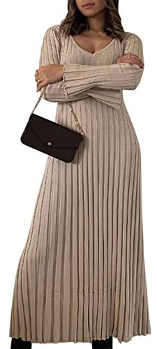 Minetom Damen Strickkleid Wickelkleid Pulloverkleid V-Ausschnitt Langarm Bodycon Lang Abendkleid Partykleid Winterkleid Cocktail Kleider B Beige M