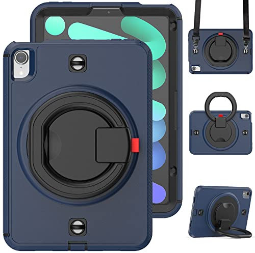 V-MOTA 8.3 Inch Flat Protect Compatible with New iPad Mini 6 (2021 Model), Rugged Heavy Duty Shockproof Rotatable Kickstand Bracelet Protective Cover (Navy Blue)